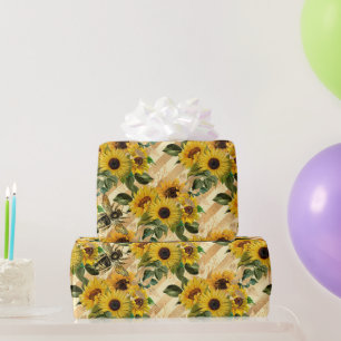 Pretty Gold Yellow Sunflower Bouquet Stripe Bees Wrapping Paper