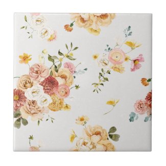 Pretty Golden and Dusty Pink Floral Ceramic Tile