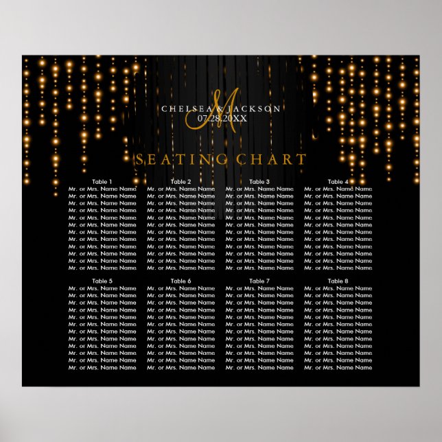 Pretty Golden Star Lights on Black - Seating Chart (Front)