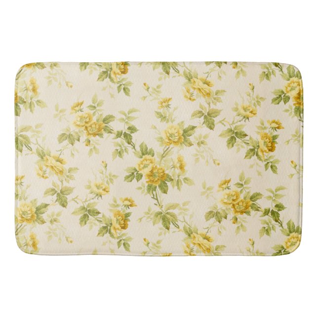 Pretty Golden Yellow Farmhouse Floral Bath Mat (Front)