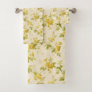 Pretty Golden Yellow Farmhouse Floral Bath Towel Set
