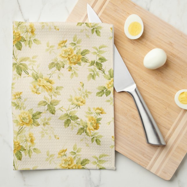 Pretty Golden Yellow Farmhouse Floral Kitchen Towel (Quarter Fold)