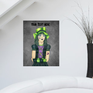 Pretty Goth Girl Green Eyes Hat Tattoos Dark Grey Poster