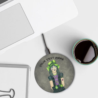 Pretty Goth Girl Tattoos Green Hat Greenish Grey Wireless Charger