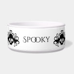 Pretty Goth Skulls Bowl<br><div class="desc">A Cute Gothic cat or dog dish with a pattern of black winged skulls with hearts going around it. Add your pet's name to it.</div>