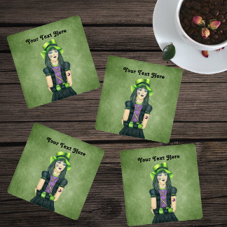 Pretty Gothic Girl Green Eyes Hat Tattoos on Green Coaster Set