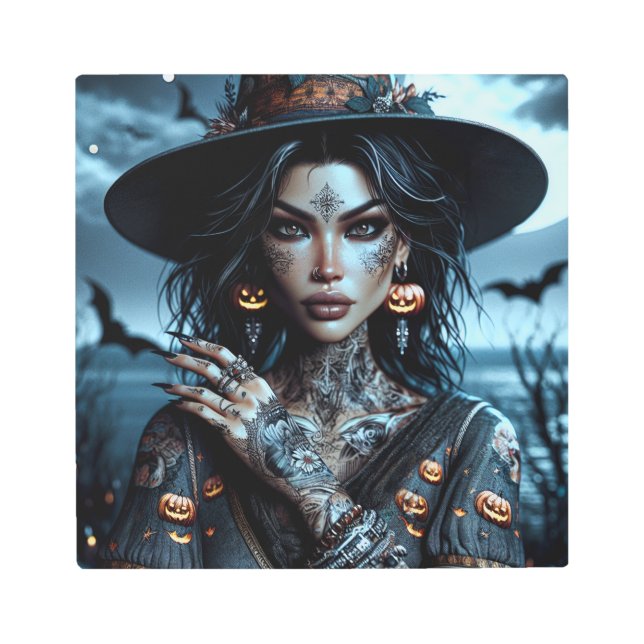 Pretty Gothic Witch with Tattoos Halloween   Metal Print (Front)