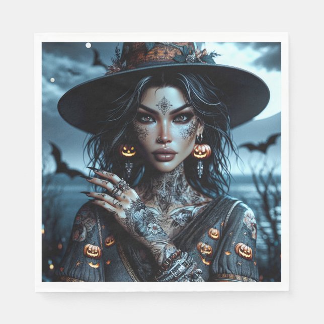 Pretty Gothic Witch with Tattoos Halloween Party Napkins (Front)