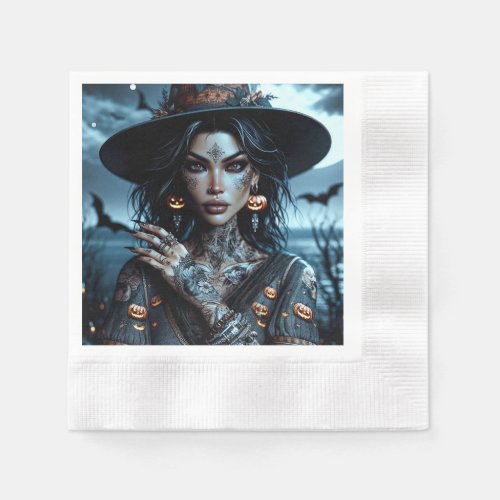 Pretty Gothic Witch with Tattoos Halloween Party Napkins