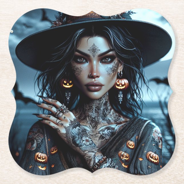 Pretty Gothic Witch with Tattoos Halloween Party Paper Coaster (Front)
