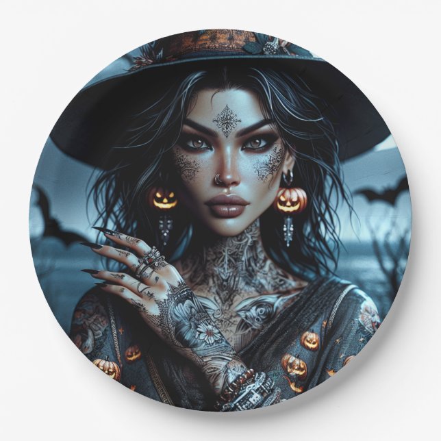 Pretty Gothic Witch with Tattoos Halloween Party Paper Plates (Front)