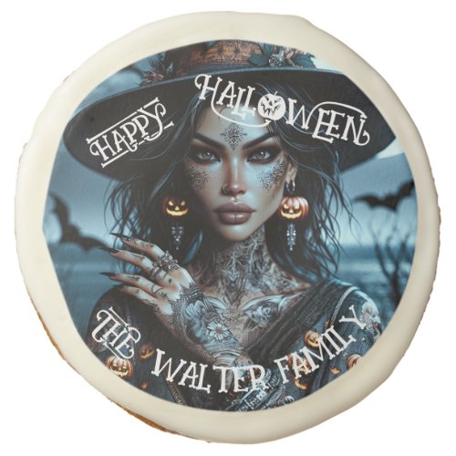 Pretty Gothic Witch with Tattoos Halloween Party Sugar Cookie