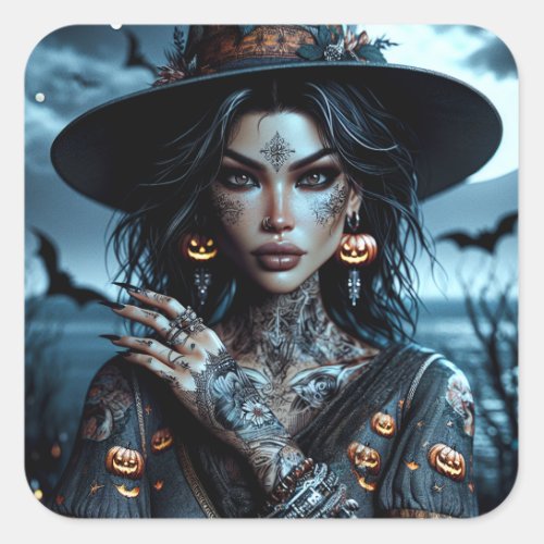 Pretty Gothic Witch with Tattoos Halloween   Square Sticker
