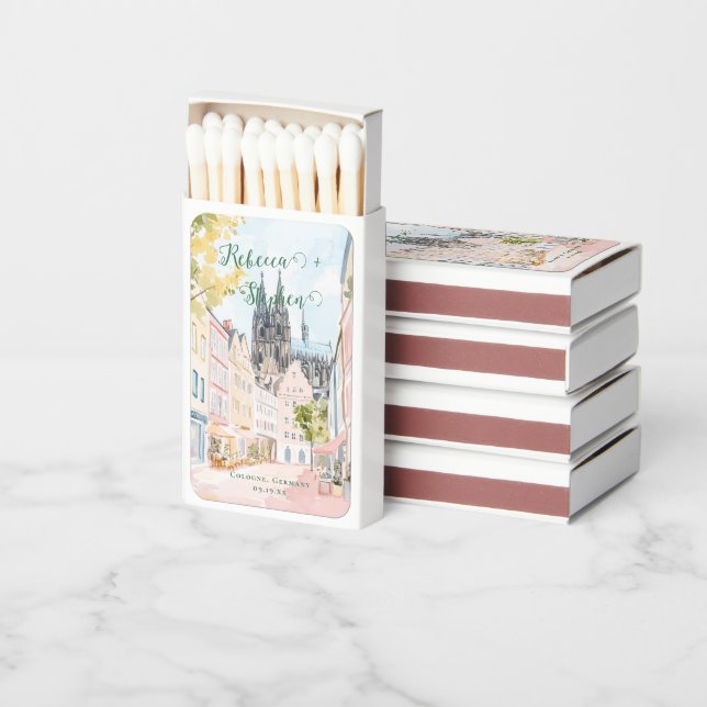 Pretty Gouache Pastel | Cologne Germany Wedding Matchboxes (Stacked)