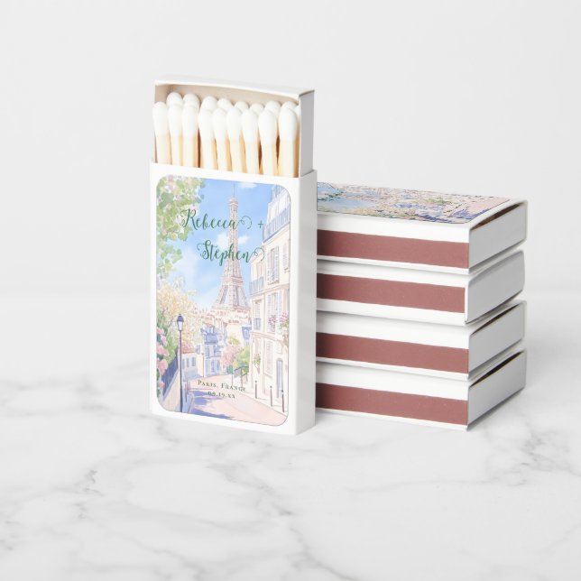 Pretty Gouache Pastel | Paris France Wedding Matchboxes (Stacked)