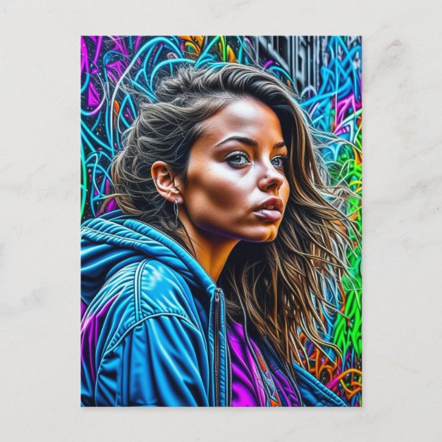 Pretty Graffiti Street Art Colorful Woman Blank Postcard (Front)