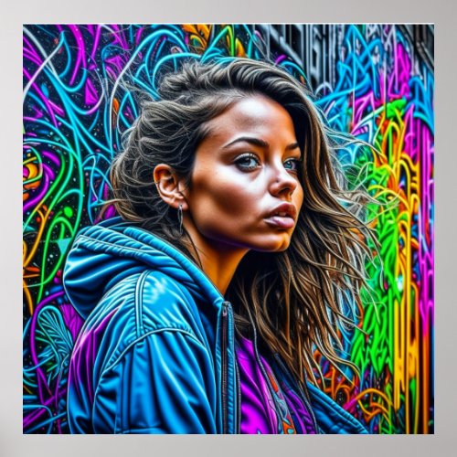 Pretty Graffiti Street Art Colorful Woman Blank Poster