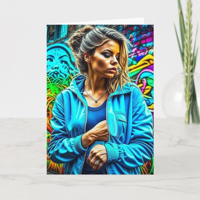 Pretty Graffiti Urban Street Art Girl Card (Front)