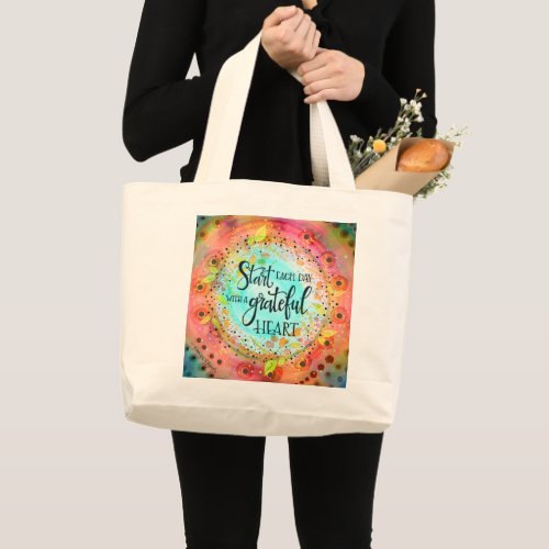 Pretty Grateful Heart Quote Teal Pink  Large Tote Bag