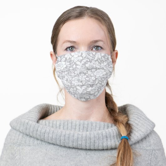 Pretty Gray And White Floral Adult Cloth Face Mask (Worn)