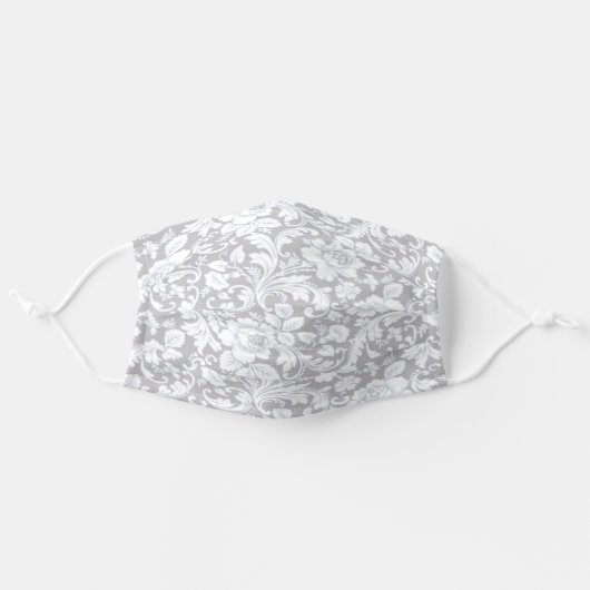 Pretty Gray And White Floral Adult Cloth Face Mask (Front, Unfolded)