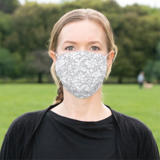 Pretty Gray And White Floral Adult Cloth Face Mask (Outside)