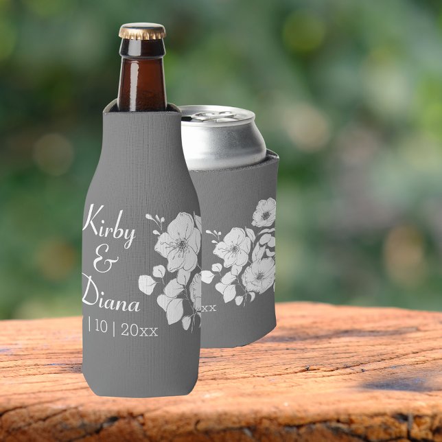 Pretty Gray and White Floral Wedding  Bottle Cooler (Available for bottles, standard can and seltzer cans! Great wedding party gift idea)