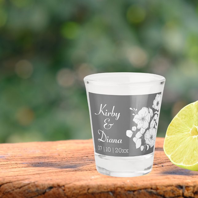 Pretty Gray and White Floral Wedding  Shot Glass (Creator Uploaded)