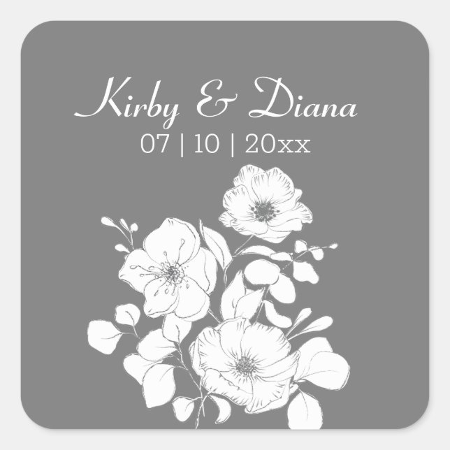 Pretty Gray and White Floral Wedding  Square Stick Sticker (Front)