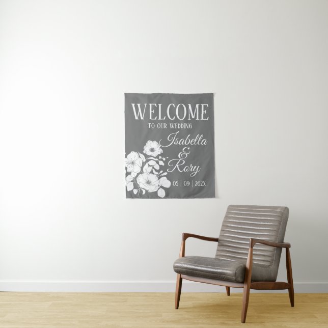 Pretty Gray and White Floral Wedding Welcome Tapestry (In Situ)