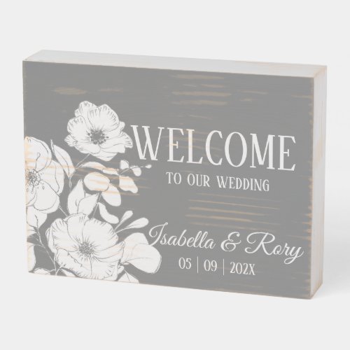 Pretty Gray and White Floral Wedding Welcome  Wooden Box Sign
