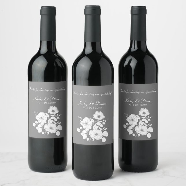 Pretty Gray and White Floral Wedding  Wine Label (Bottles)