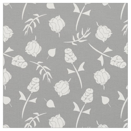 Pretty Gray and White Roses Rosebud Floral Print Fabric