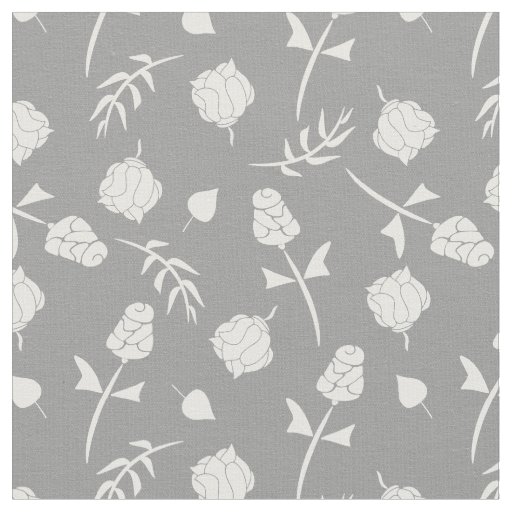 Pretty Gray and White Roses Rosebud Floral Print Fabric
