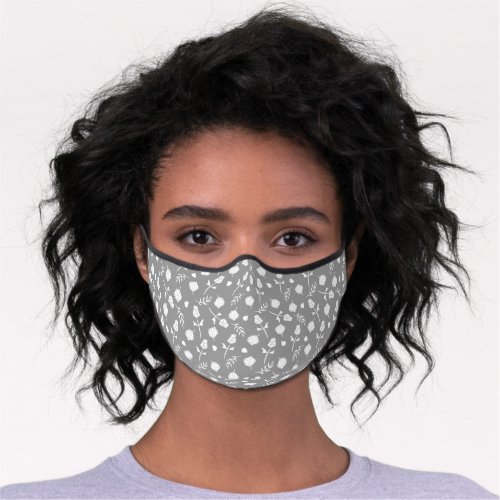 Pretty Gray and White Roses Rosebud Floral Print Premium Face Mask