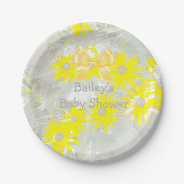 Pretty Gray and Yellow Daisy Paper Plates (Front)