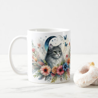 Pretty Gray Cat Portrait with Flowers Mug