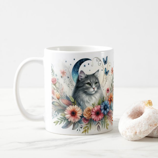 Pretty Gray Cat Portrait with Flowers Mug (With Donut)