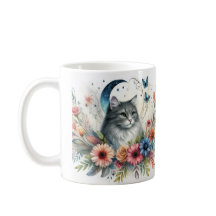 Pretty Gray Cat Portrait with Flowers Mug