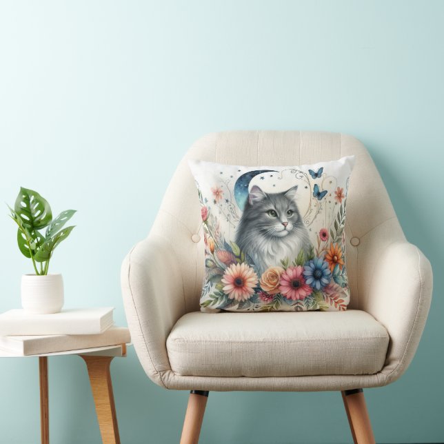 Pretty Gray Cat with Flowers Throw Pillow (Chair)