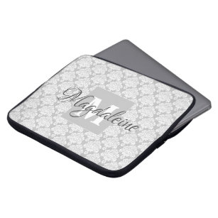 Pretty Gray Damask Lace Pattern Monogram & Name Laptop Sleeve