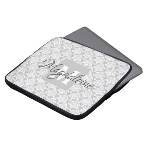 Pretty Gray Damask Lace Pattern Monogram  Name Laptop Sleeve