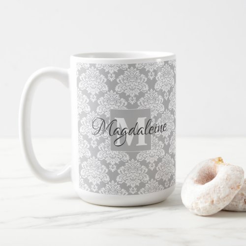 Pretty Gray Floral Damask Pattern Monogram  Name Coffee Mug