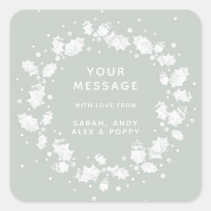Pretty Gray Green Custom Christmas Holly Wreath Square Sticker