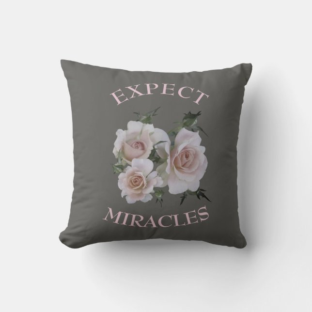 Pretty Gray Grey and Pink Roses Motivational Throw Pillow (Front)