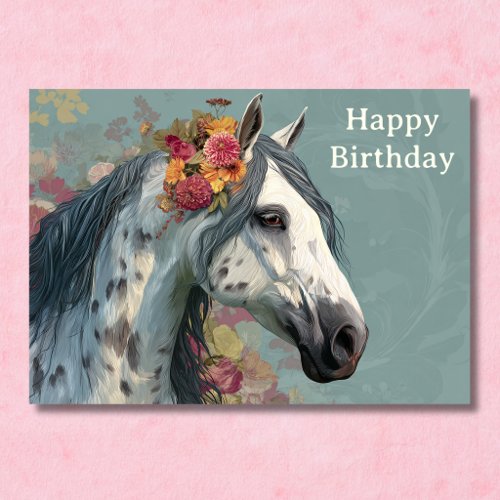 Pretty Gray Horse and Flowers Floral Birthday Card