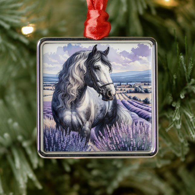 Pretty Gray Horse Standing in Lavender Metal Ornament (Tree)
