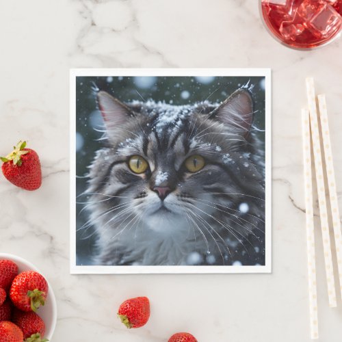 Pretty Gray Tabby Cat in Snowstorm  Napkins