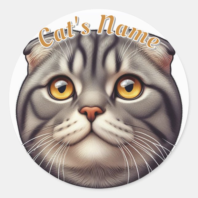 Pretty Gray Tabby Folded Ears Cat plus Name Classic Round Sticker (Front)