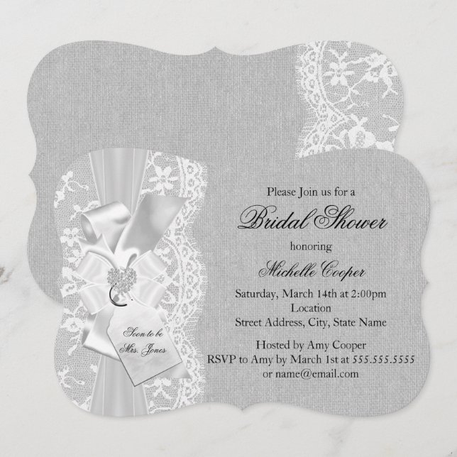 Pretty Gray Vintage Lace & Burlap Bridal Shower Invitation (Front/Back)